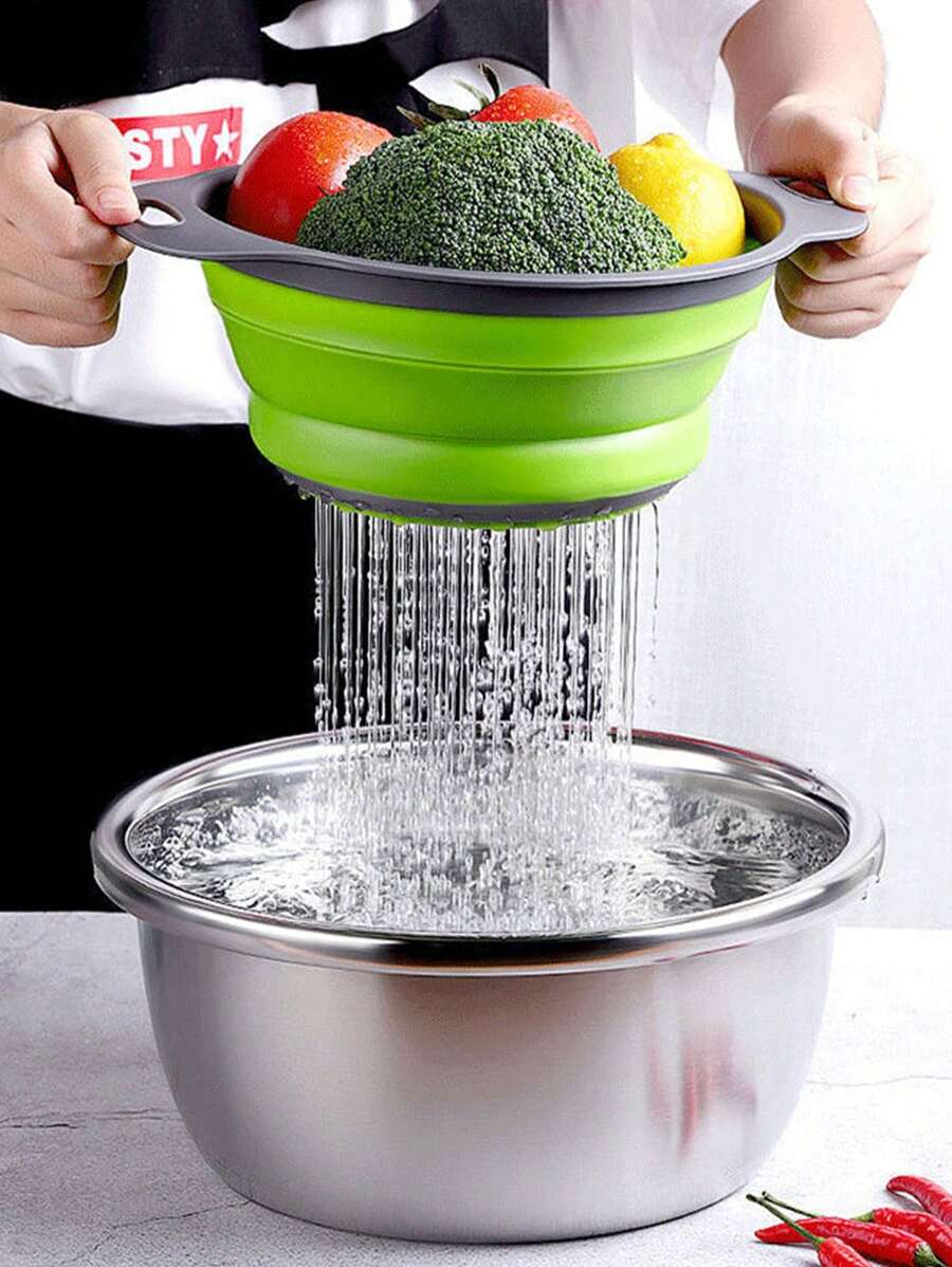 1pc Foldable Round Plastic Strainer Basket For Kitchen Vegetable And Fruit Washing, With Drainage Holes - Multicolor - View 1