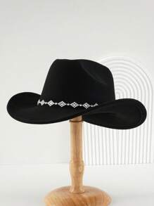1pc Women Unisex Solid Color Knitted Felt Cowboy Hat With Diamond Shaped Chain Decorated Hatband, Swivel Single Girl Cowgirl Hat, Wide Brim Hat With Street Fashion Punk Style For Girlcore, Vintage, Floral, Spring Summer Bright Colors, Pink Aesthetic. Suitable For Parties, Western Themed Events, Graduation Ceremony, Role Play, Costume Party, Makeup Dance Party, Festival, Wedding, Birthday Celebration, Music Festival, Coming-Of-Age Ceremony. Halloween