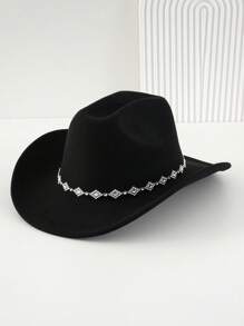 1pc Women Unisex Solid Color Knitted Felt Cowboy Hat With Diamond Shaped Chain Decorated Hatband, Swivel Single Girl Cowgirl Hat, Wide Brim Hat With Street Fashion Punk Style For Girlcore, Vintage, Floral, Spring Summer Bright Colors, Pink Aesthetic. Suitable For Parties, Western Themed Events, Graduation Ceremony, Role Play, Costume Party, Makeup Dance Party, Festival, Wedding, Birthday Celebration, Music Festival, Coming-Of-Age Ceremony. Halloween
