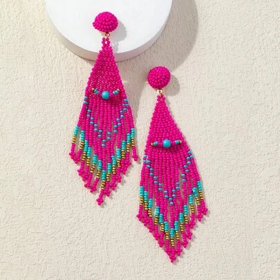 1對波西米亞風格手工編織米珠流蘇耳環