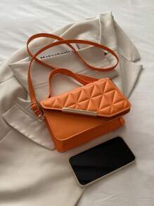 1套简约复古迷你纯色托特包小方包时尚五金铁边翻盖开口肩带可调节斜挎包零钱包适合女性日常休闲搭配使用 - 橘色 - 查看 3