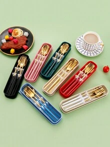 1 Bộ Dao Kéo Di Động Bao Gồm Muỗng, Nĩa, Đũa Và Hộp Bảo Quản Thích Hợp Cho Công Việc, Trường Học, Dã Ngoại Ngoài Trời - Nhiều màu - Xem 2