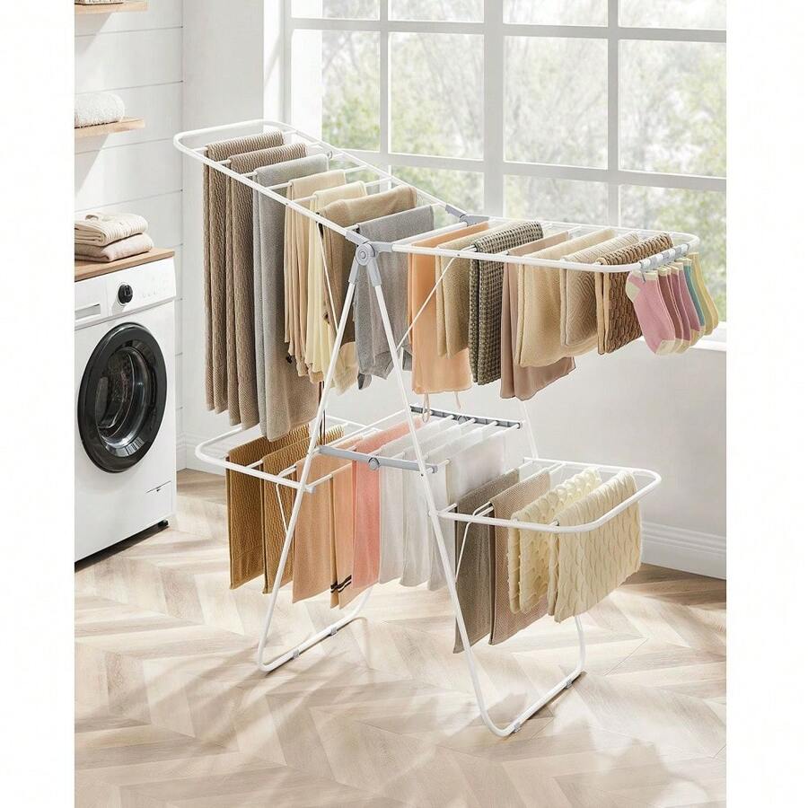 Foldable 2Level Stable Clothes Drying Rack, With HeightAdjustable