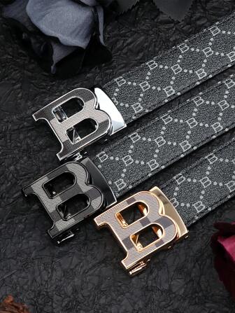 caivektine 1pc New Automatic Buckle Men Belt, Fashionable B-Shaped Casual Business Belt, Classic Letter Automatic Buckle PU Leather Belt, Simple Alloy Automatic Buckle Belt, Highlight Your Taste, Can Be Cut Fall, Autumn, Halloween Autumn-Winter Accessories,Suitable For Teens, Youth,Men,Casual, Outdoor, Athletic, Vacation, Graduation Gifts, Birthday, Daily Wear