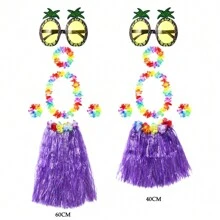 6pcs 40/60cm Hawaiian Hula Skirt With Garland Necklace Bracelet Headband And Pineapple Sunglasses Set, Adult Hawaiian Hula Skirt Suitable Luau Party Dance Outfit, Tropical Beach Birthday Wedding Party Decoration,Christmas - Purple - View 3