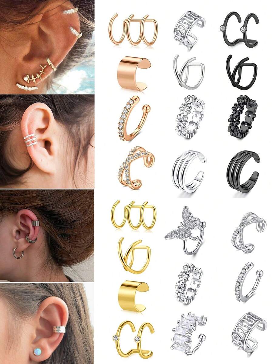 6-16 Piezas De Orejeras De Acero Inoxidable Sin Perforación, Clip En Aretes De Envoltura De Cartílago Helix, Anillo Falso De Nariz Ajustable Para Hombres Y Mujeres - Multicolor - Ver 1