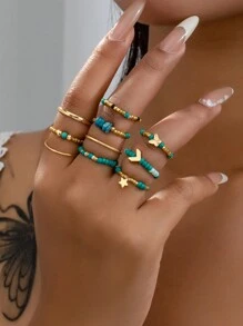 8 件夏季海洋风格海星戒指套装，女士时尚波西米亚种子串珠弹力戒指，贝壳戒指，波西米亚风戒指首饰适合度假、海滩派对、日常佩戴。 - A12738 - 查看 1