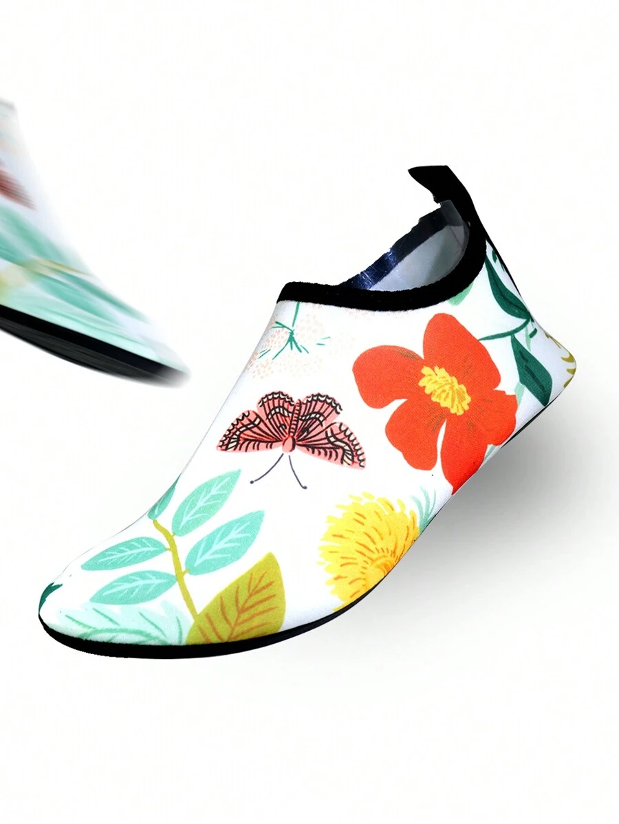 女士白色沙灘鞋，具有防滑和透氣的印花柔軟鞋底和輕便的室內瑜伽運動鞋，適用於女性健身。白色水襪，具有防滑鞋底，適用於赤足潛水。 - 彩色 - 查看 1