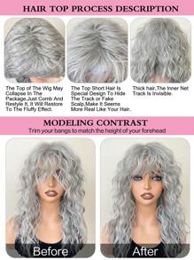 Gray Wig With Bangs,Natural Messy Medium Length Curly Hair, High-Quality Synthetic Wig, Suitable For Daily Gatherings And Halloween Wigs
