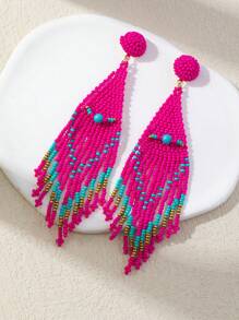 1 Par de Brincos Tassel de Contas de Arroz Trançados à Mão em Estilo Boho