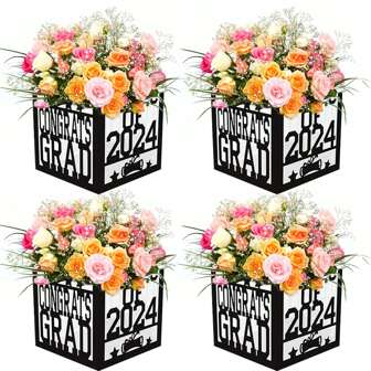 4 Pack 7x7x7.5 Inches Black And White Graduation Centerpiece Boxes With Laser-Cut 'Congrats Grad Class Of 2024' Lettering, Perfect For Grad Party Favors, Flower Arrangements, And Table Decorations