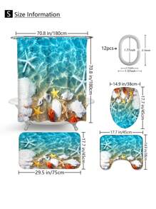 1pc/4pcs Waterproof Beach Shell Starfish Multi-Functional Decorative Shower Curtain Set With 12 Hooks, Non-Slip Bathroom Mat, U-Shaped Floor Mat And Round Toilet Lid Cover Mat, Suitable For All Scenarios Use Home Bathroom Decor Fall Decor Bathroom Accessories Back To School - Multicolor - View 3