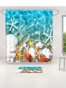 1pc/4pcs Waterproof Beach Shell Starfish Multi-Functional Decorative Shower Curtain Set With 12 Hooks, Non-Slip Bathroom Mat, U-Shaped Floor Mat And Round Toilet Lid Cover Mat, Suitable For All Scenarios Use Home Bathroom Decor Fall Decor Bathroom Accessories Back To School - Multicolor - View 7