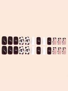 Atualize instantaneamente seu visual com 24 peças de unhas postiças francesas elegantes de estampa de vaca com padrão quadrado médio, unhas postiças falsas de cor sólida simples, na cor café da moda com estampas assimétricas, cobertura completa para mulheres e meninas, 1 peça de gel de gelatina + 1 tira de lixa, remessa aleatória de gel de gelatina - Castanho - Visão 3