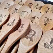 1pc Floral Letter Spoon, Engraved Wooden Stirring Spoon, Custom Flower Monogram, Personalized Wood Kitchen Mixing Spoon - Yellow - View 3