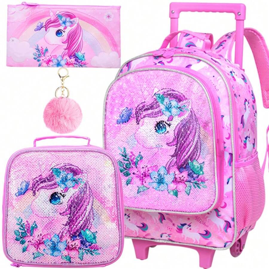 Rolling Backpack For Girls, Kids Roller Wheels School Bookbag With Lunch Bag, Wheeled School Bag For Children - 粉色 - 查看 1