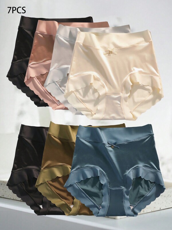 7 pièces Sous-vêtements en dentelle pour femmes, culottes sexy confortables en soie glacée sans couture à taille basse avec nœud, briefs de triangle à mi-taille