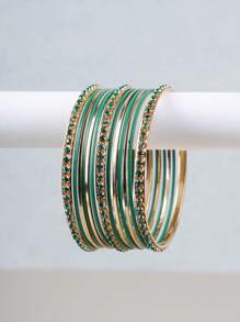 New Women Jelly Solid Color Rhinestone Inlaid Bangle, Set Of 13 Circles, Suitable For Daily Wear, Party & Gift Giving. - Green - View 4