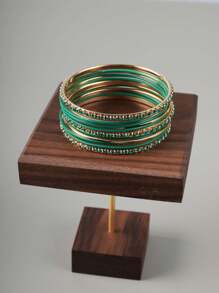 New Women Jelly Solid Color Rhinestone Inlaid Bangle, Set Of 13 Circles, Suitable For Daily Wear, Party & Gift Giving. - Green - View 3