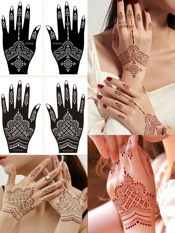 4 Blatt Tattoo Schablonen Wiederverwendbare Vorlagen Tattoo für Hand Glitzer Airbrush DIY Tattoo Vorlage Blume Tattoo Aufkleber für Frauen Mädchen Körper Kunst selbstklebende Schablonen Party Geschenk