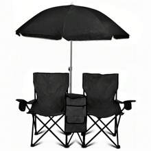 GoTeam Portable 2-Seat Folding Camp Chair With Cooler, Umbrella & Cup Holders – Outdoor Picnic, Beach, Or Tailgate Seating – Carry Case Included - Black - View 1