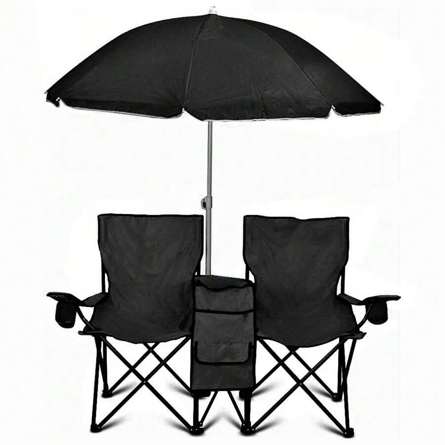 GoTeam Portable 2-Seat Folding Camp Chair With Cooler, Umbrella & Cup Holders – Outdoor Picnic, Beach, Or Tailgate Seating – Carry Case Included - Black - View 1