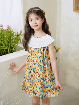 Girls' Lightweight Sleeveless Floral Casual Dress For Spring And Summer
