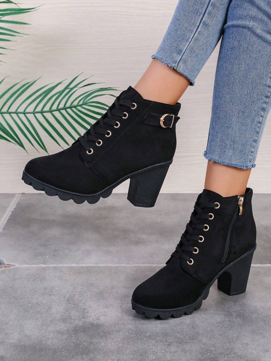 Botines cortos y de tobillo negros para mujer, con cordones, cremallera lateral, tacón alto y grueso, de piel sintética - Negro - Ver 1