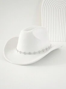1pc Women Unisex Solid Color Knitted Felt Cowboy Hat With Diamond Shaped Chain Decorated Hatband, Swivel Single Girl Cowgirl Hat, Wide Brim Hat With Street Fashion Punk Style For Girlcore, Vintage, Floral, Spring Summer Bright Colors, Pink Aesthetic. Suitable For Parties, Western Themed Events, Graduation Ceremony, Role Play, Costume Party, Makeup Dance Party, Festival, Wedding, Birthday Celebration, Music Festival, Coming-Of-Age Ceremony. Halloween