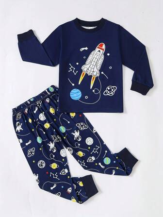 Boys' Pajama Set, Crew Neck Long-Sleeved Pullover Sweatshirt And Pants, Two Pieces Boys Clothes, Planet-Themed Space Rocket Print Children's Pajama Set, Casual And Comfortable Home Wear.