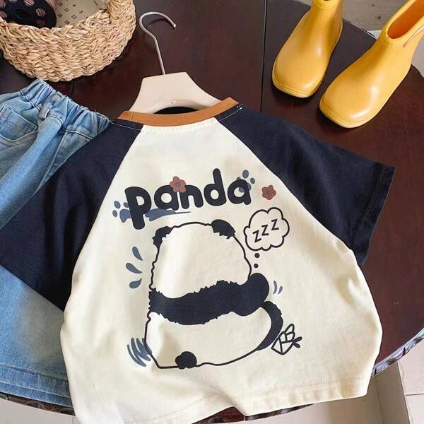 Young Boys' Short Sleeve T-Shirt 2024 Summer New Children Shoulder Pad Cartoon Panda Contrast Casual Short Sleeve Pullover
