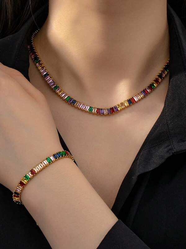 Conjunto de joyas para regalo del Dia de la Madre, que incluye una pulsera y un collar estilo bohemio detallados con circonias cúbicas coloridas chapadas en oro de 18K y cobre