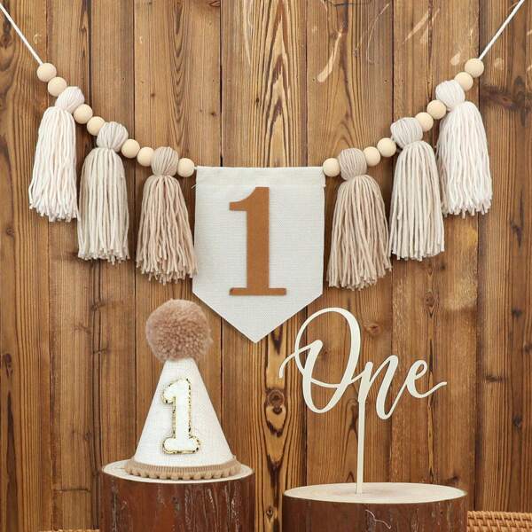 3 pièces Décorations pour la fête du 1er anniversaire - Bannière de chaise haute, chapeau d'anniversaire, fournitures de fête