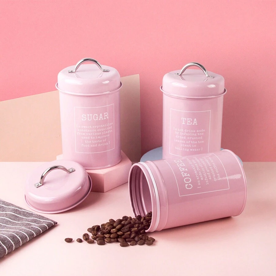 3-Piece Metal Kitchen Canister Set For Coffee And Tea, Sugar Canister, Restaurant Style Containers, Pink - Suitable For Coffee Bean, Candy, Rock Sugar And Tea Storage And Organizing Can - Pink - View 1