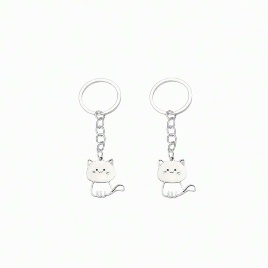 2pcs/Set Cute Kitten Couples Gift Keychain Stainless Steel Key Chain