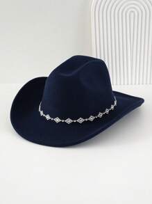 1pc Women Unisex Solid Color Knitted Felt Cowboy Hat With Diamond Shaped Chain Decorated Hatband, Swivel Single Girl Cowgirl Hat, Wide Brim Hat With Street Fashion Punk Style For Girlcore, Vintage, Floral, Spring Summer Bright Colors, Pink Aesthetic. Suitable For Parties, Western Themed Events, Graduation Ceremony, Role Play, Costume Party, Makeup Dance Party, Festival, Wedding, Birthday Celebration, Music Festival, Coming-Of-Age Ceremony. Halloween