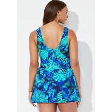 Swimsuits For All Women's Plus Size V-Neck Swimdress - 黑白色棕櫚 - 查看 2