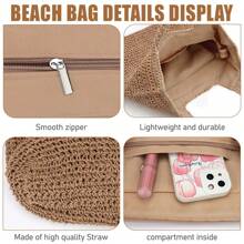 Hatisan Straw Beach Bag For Women Summer Woven Beach Tote Bag Shoulder Handbags Boho Bag - 卡其色 - 查看 3