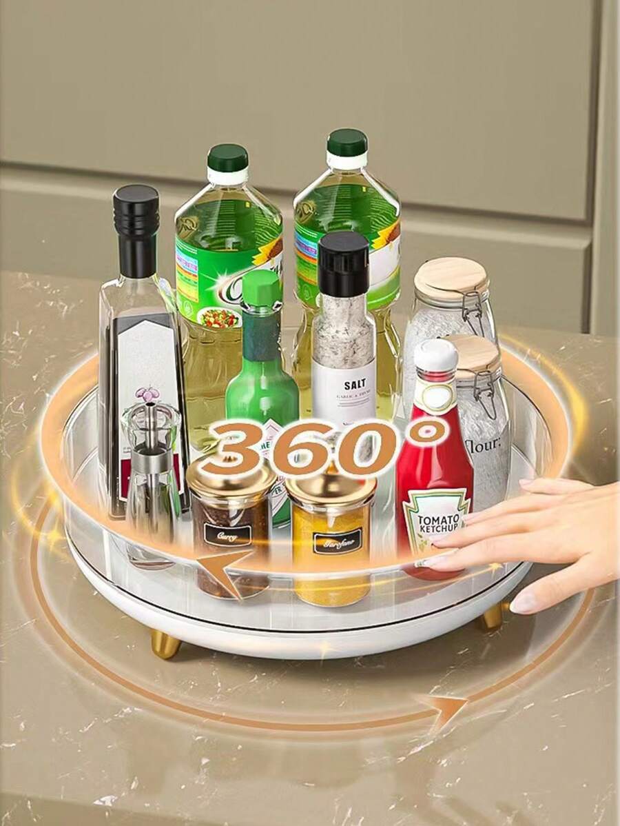 1 Stück drehbarer Küchen-Kondiment-Aufbewahrungsbehälter, drehbares Gewürzregal-Box zur Aufbewahrung von Lebensmitteln und Kosmetik, geeignet für Kühlschrank, Kommode, Schreibtisch, Parfüm und Duschengel im Badezimmerschrank - transparent - Übersicht 1