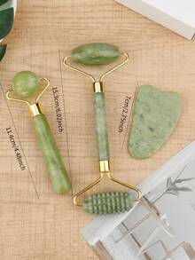 3pcs/Set Double Headed Jade Roller Face Massager Set With Scrapping Board And Round Jade Roller Ball, Gift Boxed For Gift Giving - Green - View 4