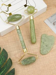 3pcs/Set Double Headed Jade Roller Face Massager Set With Scrapping Board And Round Jade Roller Ball, Gift Boxed For Gift Giving - Green - View 6