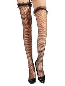 Nylon Thigh-High Fishnet Stockings With Lace - 黑色 - 查看 4