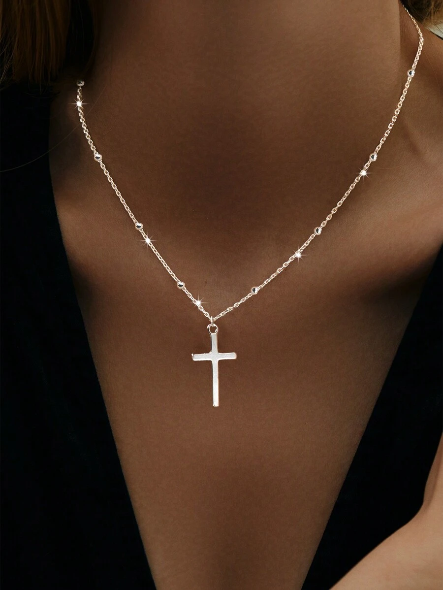 1pc 925 Silver Personalized Fashionable Beaded Chain Cross Pendant Necklace - Silver - View 1