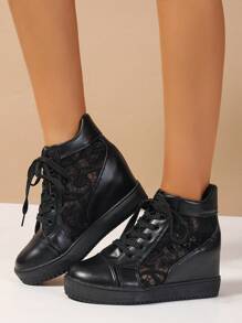 Mesh High Top Women Shoes Invisible Height Increasing Shoes Black Spring And Autumn Casual Shoes Round Toe Lace-Up Breathable Shoes
