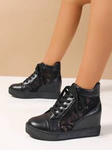 Mesh High Top Women Shoes Invisible Height Increasing Shoes Black Spring And Autumn Casual Shoes Round Toe Lace-Up Breathable Shoes