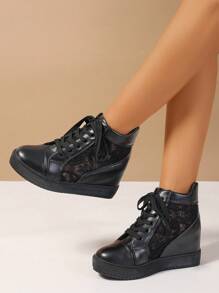 Mesh High Top Women Shoes Invisible Height Increasing Shoes Black Spring And Autumn Casual Shoes Round Toe Lace-Up Breathable Shoes