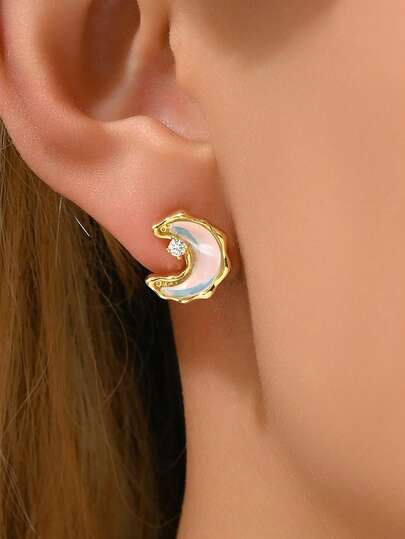 1 Pair Of Asymmetrical Moon Bow Detail Star Crystal Earrings, Casual Style Pearl Stud Earrings For Women