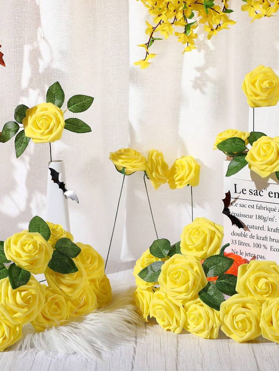 25 piezas de rosas artificiales rojas con tallos, ramo de bodas de rosas falsas, rosas de espuma con un tacto real, tallos de flores artificiales para hacer ramos de novia, decoración de bodas de bricolaje de fiesta en casa, regalo del día de la madre