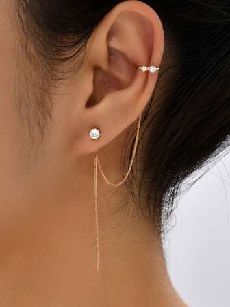 1 Pair Long Tassel Zirconia Ear Cuff Earrings For Women