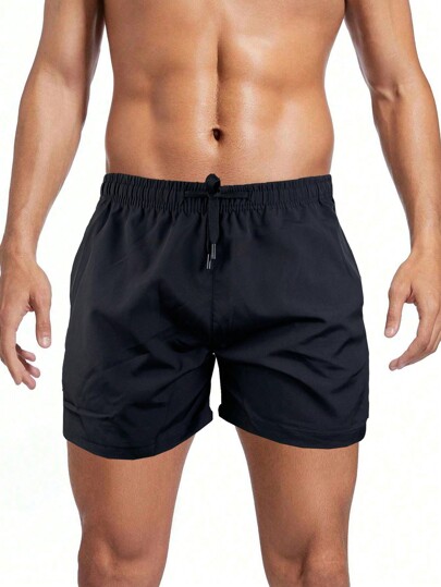 Men's Black Drawstring Solid Color Swim Shorts With Pocket Zipper